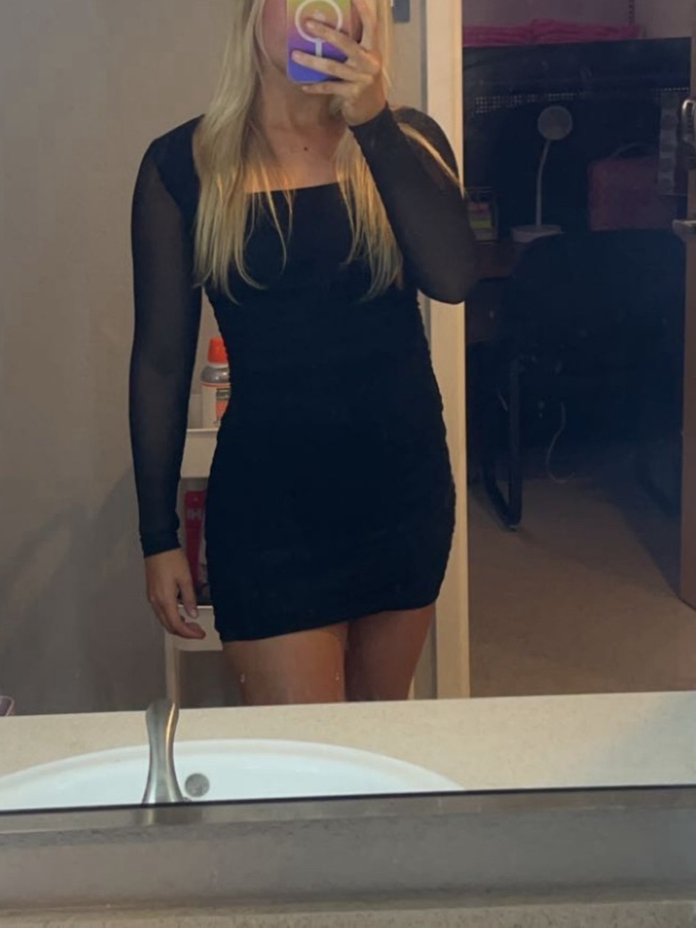 Black Mini Dress with Sheer Long Sleeves